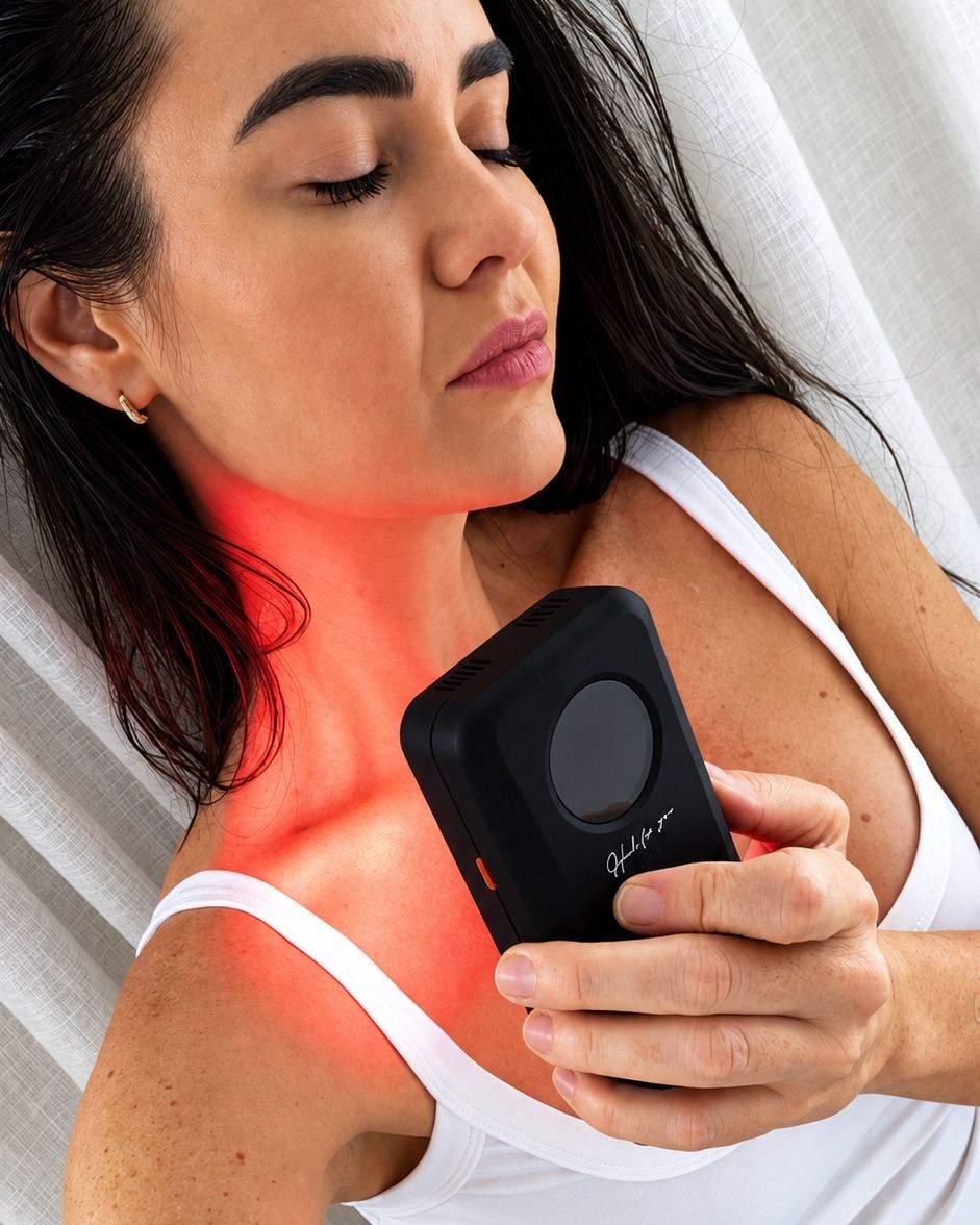 Liza resting with the Heal For You Light device glowing red at her collarbone