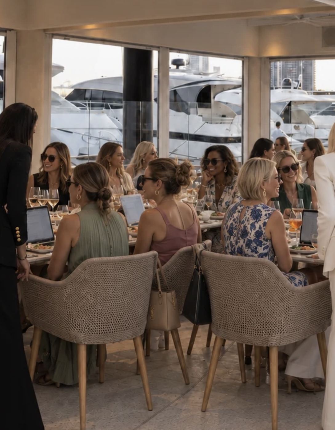 Women around the HI Social table with laptops, superyachts outside