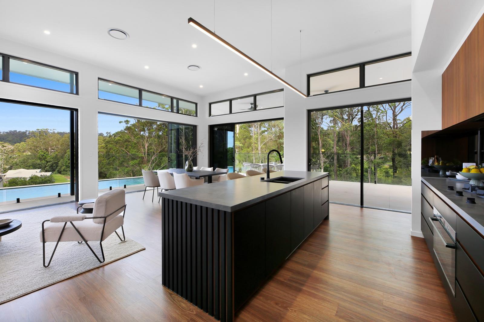 Kitchen island facing the pool