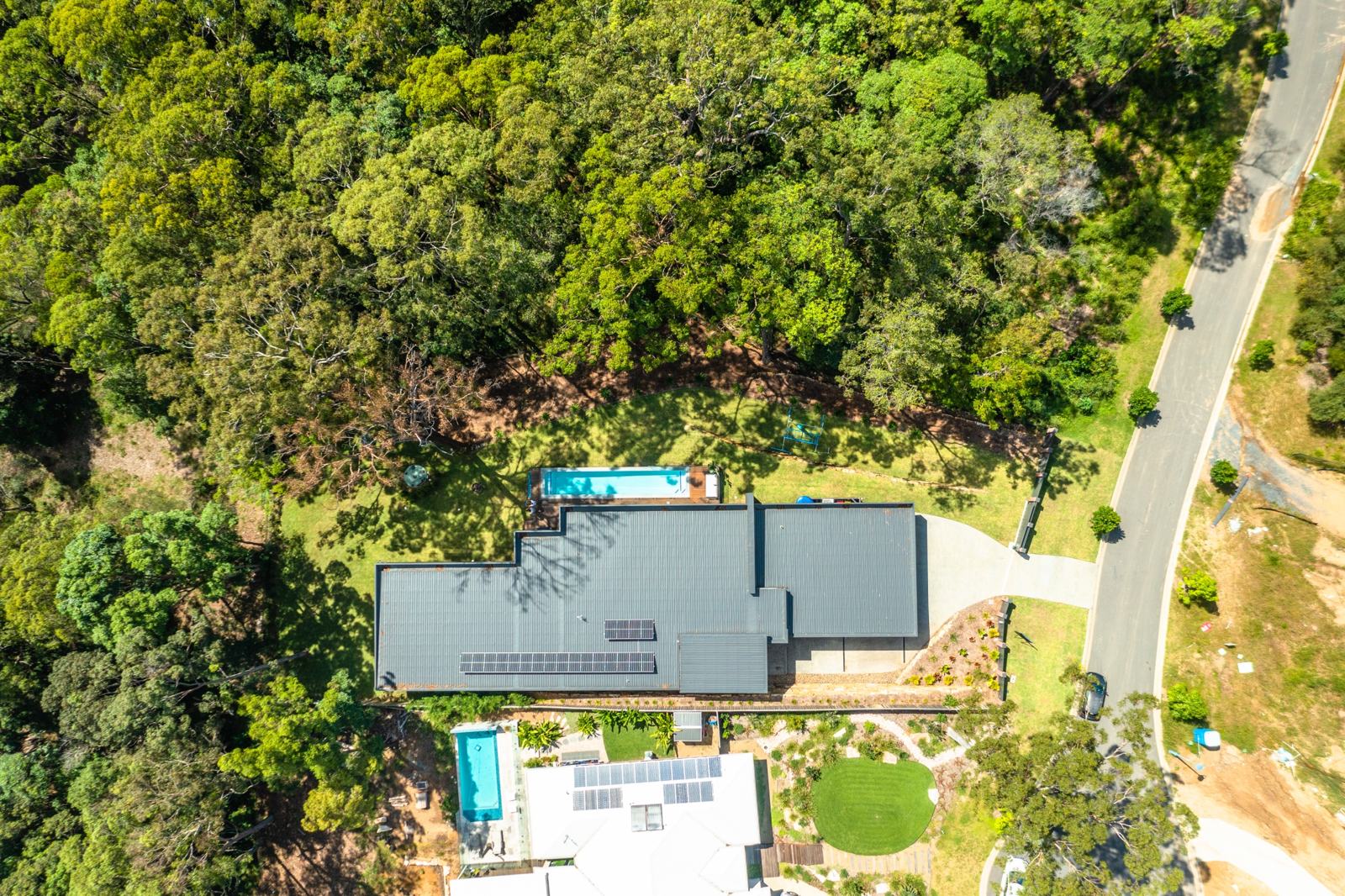 Aerial view of the home, pool and koala reserve